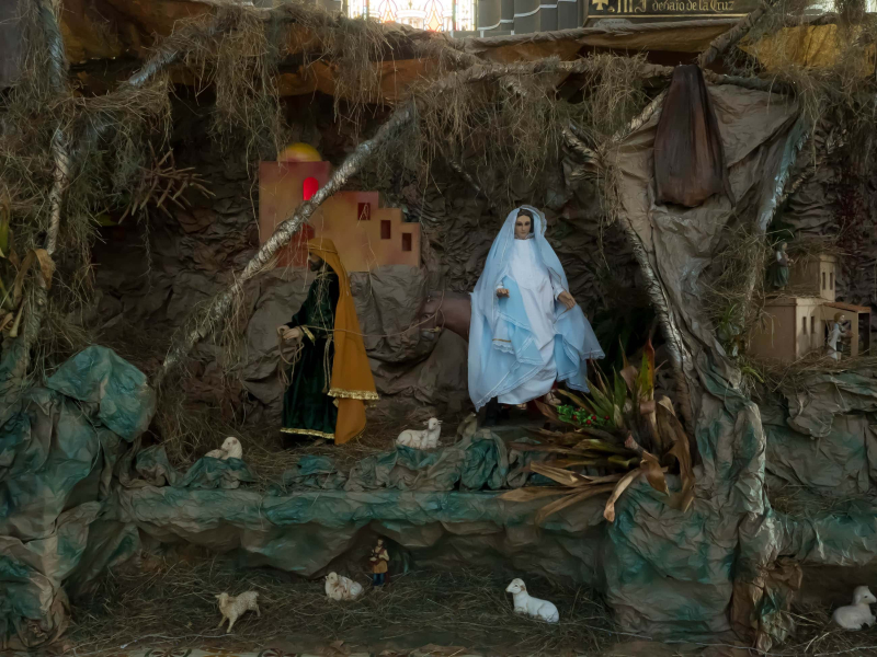 Each day, the figures of Joseph and Mary are moved farther along the creche scene on their journey to Bethlehem