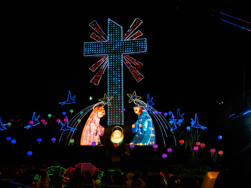 Christmas lights at the base station of the Monserrate cable car in Bogota