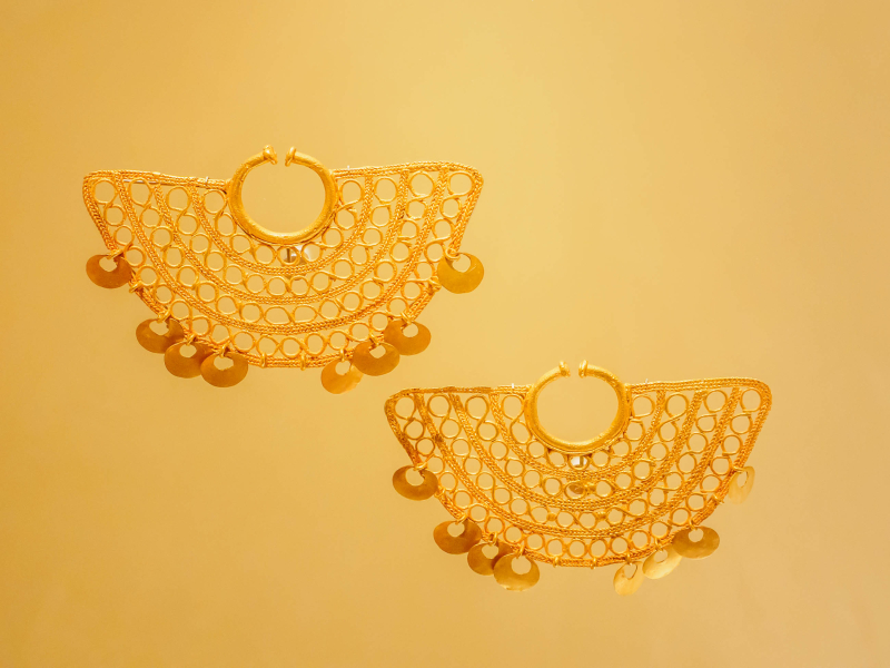Gold filigree earrings made in "lost wax" molds