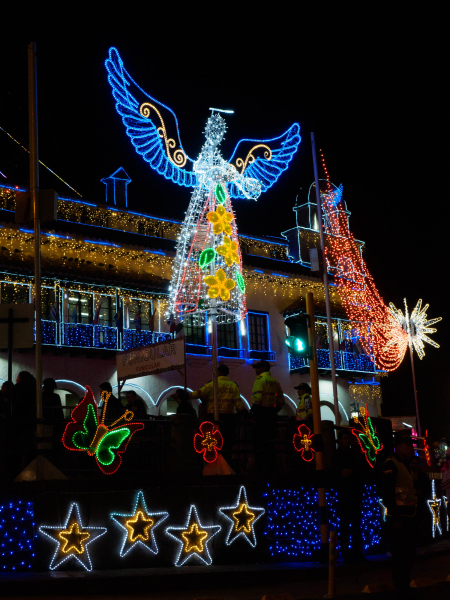 Christmas lights at the base station of the Monserrate cable car in Bogota