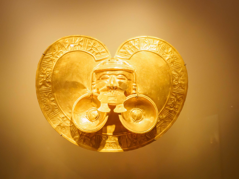 This chest decoration of incised gold shows the kinds of ear and nose jewelry worn by high-status members of some cultures in pre-Hispanic Colombia