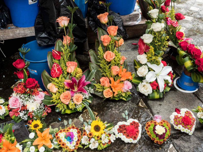 Arrangements for sale in the flower market; Ecuador is a major producer of cut flowers
