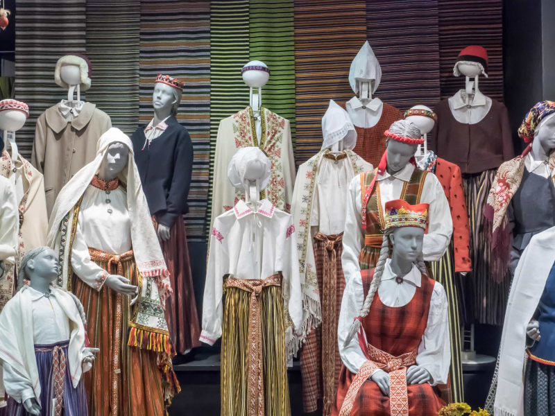 Display at a shop in Riga selling traditional Latvian clothing for folk festivals and singing competitions