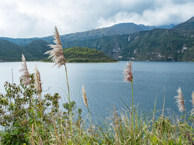 Cuicocha Lake near Otavalo, which formed in an old crater at the foot of Cotacachi Volcano
