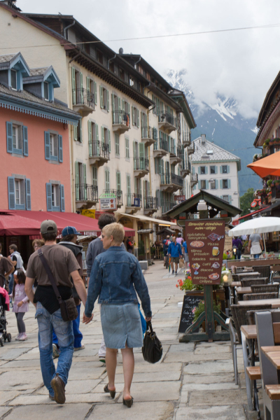 A street in Chamonix, with France's tallest peak, Mont Blanc, hidden in clouds