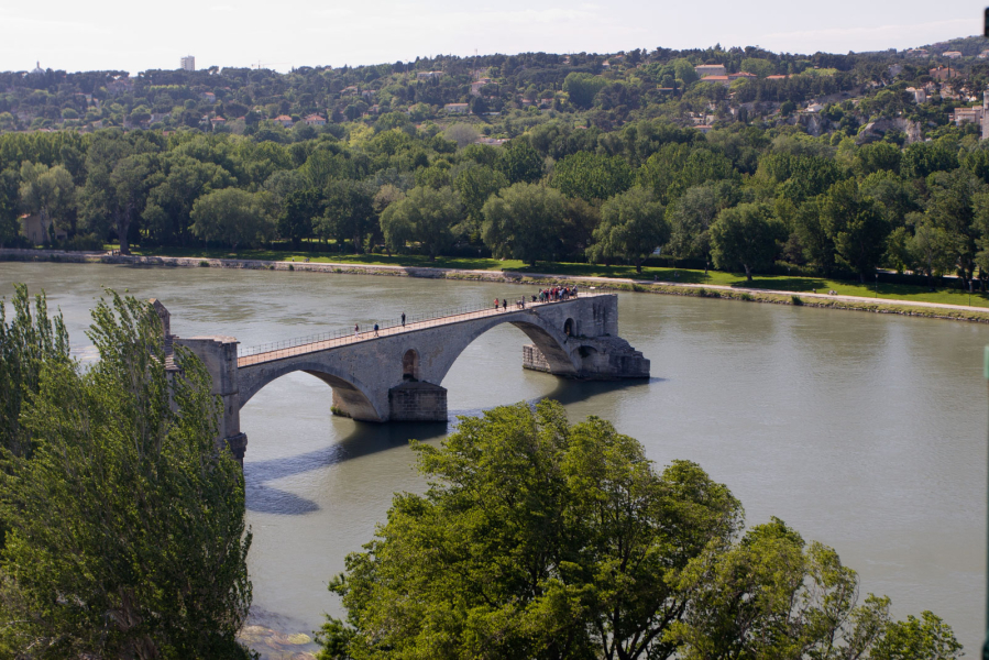 The remains of a 13th-century bridge across the Rhone, memorialized in the song "Sur le pont d'Avignon"