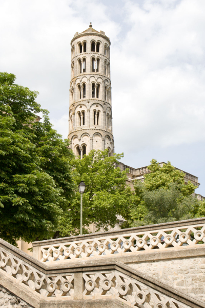 A distinctive 11th-century round tower in the town of Uzes, about 40 km from Avignon