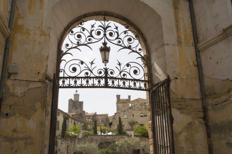 View through a doorway to the castle of the Dukes of Uzes