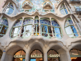 Main balcony of Casa Batllo, a large townhouse designed by Antoni Gaudi in 1904 and considered one of his masterpieces, showing his whimsical and sinuous style