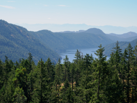 On Highway 1 heading north from Victoria, the land rises in Malahat to offer beautiful views of the Saanich Inlet