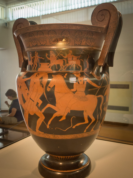 An enormous wine jar painted with scenes of Greeks fighting Amazons