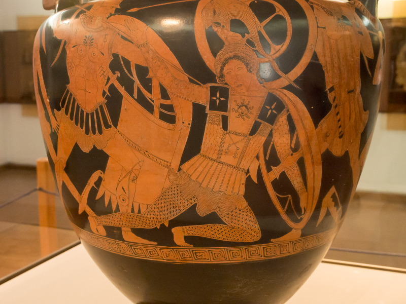 Unlike Greek soliders, Amazons were often depicted wearing pants and long sleeves