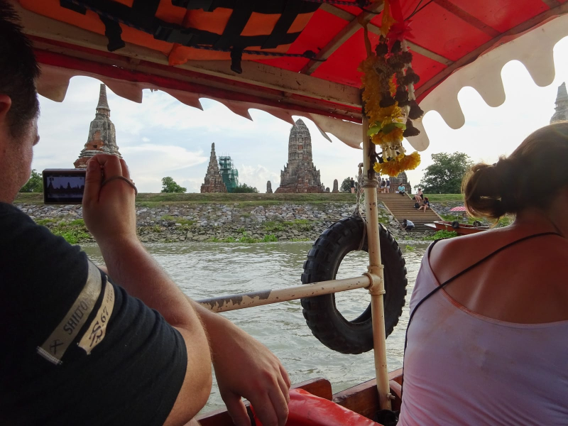 View from the river of the ruins of Wat Chaiwatthanaram, built by the Thai king in 1630 to honor his mother