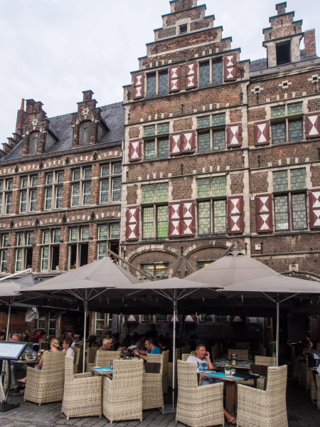 One of the pleasures of Ghent is sidewalk cafes in front of picturesque buildings