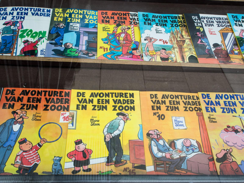 Comic books in a shop window; comics are considered an important part of 20th-century Belgian culture