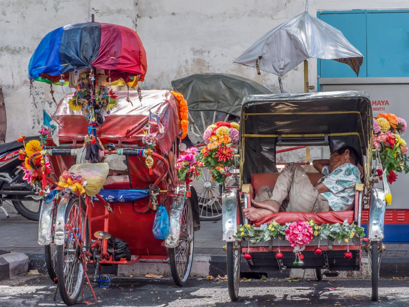 A bicycle rickshaw driver takes a midday nap in his highly decorated rickshaw