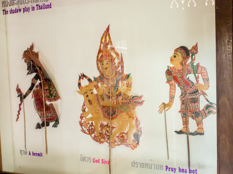 Traditional Thai shadow puppets collected or made by Suchart are displayed in a small museum at his home