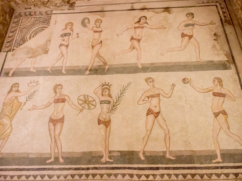 In one room, a geometric mosaic was replaced by a very rare depiction of female athletes