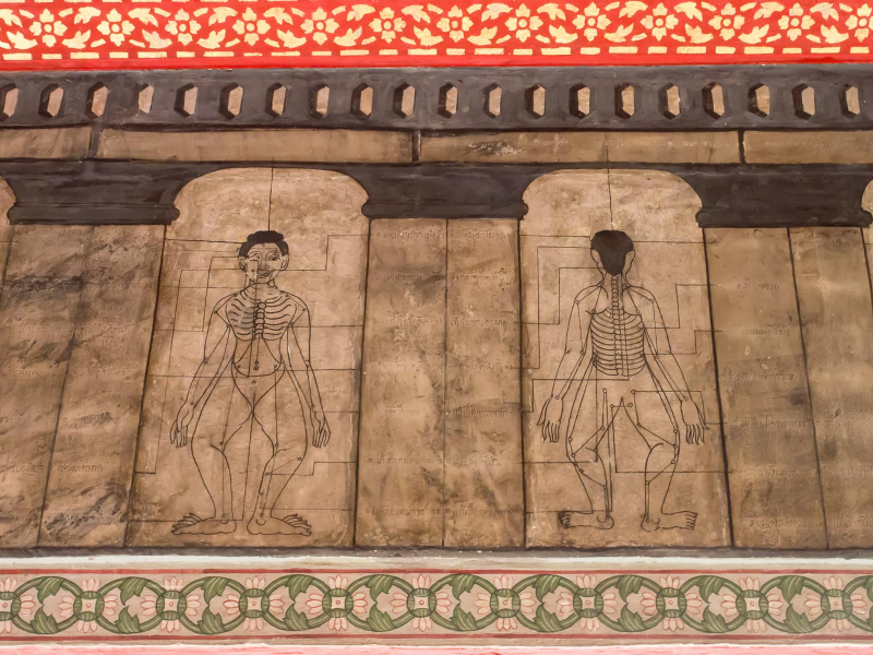 Wat Pho has long been a center of traditional medicine. Illustrations on the walls show pressure points for healing massage.