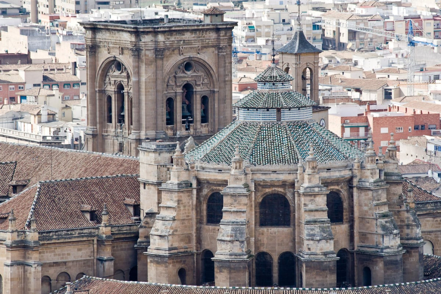 Granada's cathedral, as seen from the Alhambra. The round central area was formerly a mosque.
