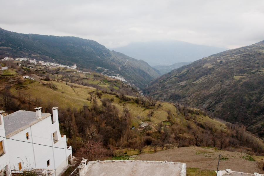 View from Capileira, the highest village in the Poqueira valley. Bubion and Pampaneira can be seen on the left.