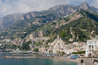 The dramatic scenery of the Amalfi Coast, where a string of seaside villages hug the mountains between Sorrento and Salerno