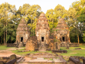 Day 2 of our temple visits began with Preah Ko, a set of six shrines (the other three are behind these) built in 880 when the Khmer capital was 15 km SW of Angkor Wat