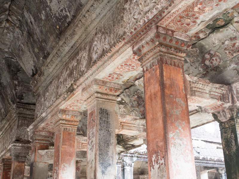 The interiors were plastered and painted, probably in red and black and gold. In a few places, some pigment remains.