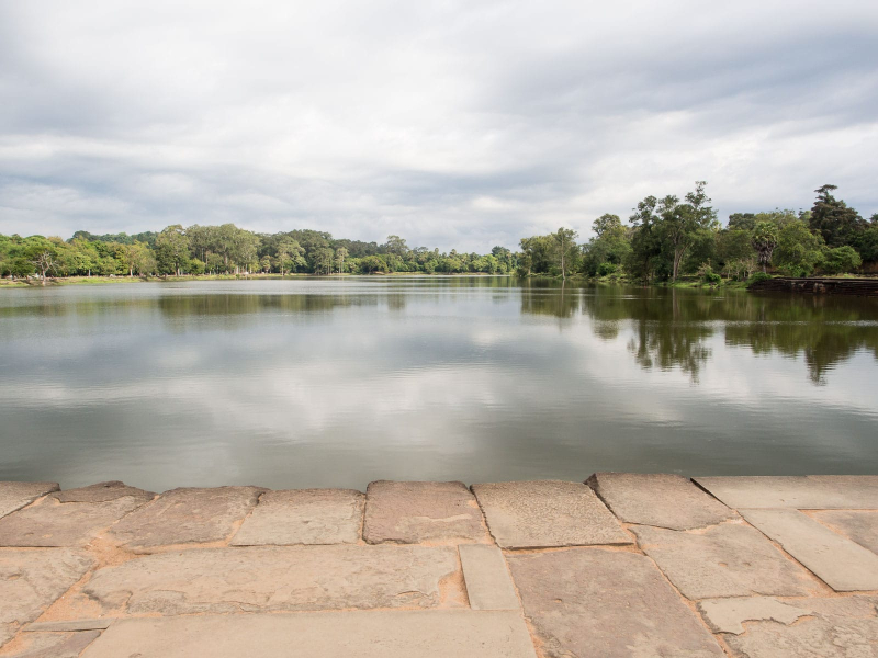 The view from the west causeway at the 600-foot-wide moat that surrounds much of Ankor Wat