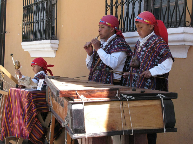 Street musicians with one of Guatemala's favorite instruments, the big wooden marimba