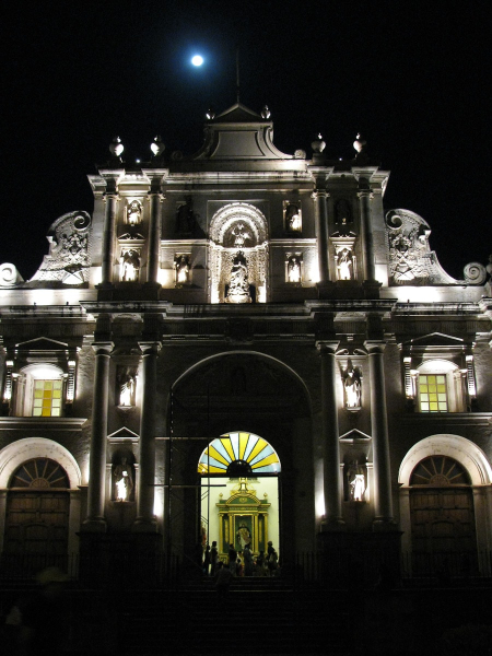 Full moon over the Cathedral of San Jose on Antigua's main square