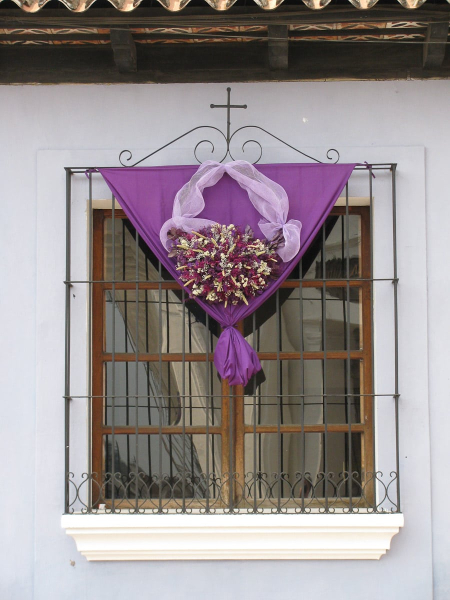 Buildings were draped in purple for Lent