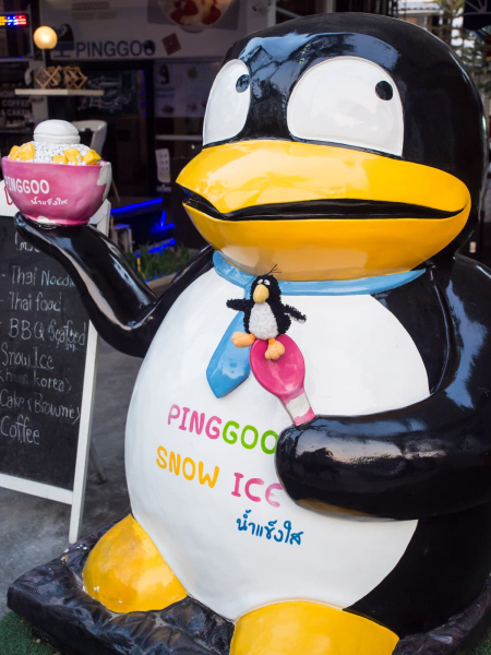 Chris's stuffed penguin, Pingu, even found a perfect cafe for a photo op