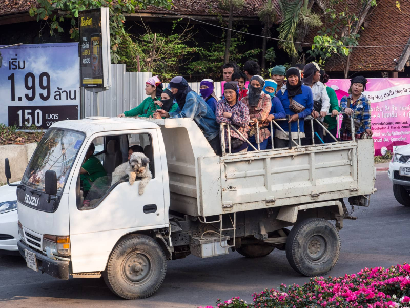 A truckload of laborers, probably Burmese immigrants, heading home at the end of the day