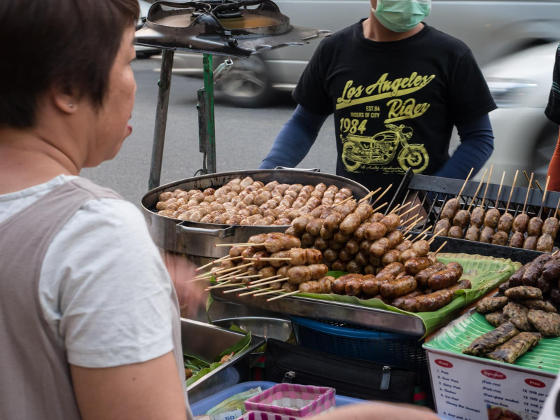 Sausages are a common street food in Chiang Mai