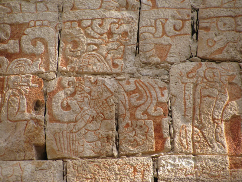 Chichen Itza was originally a colorful place, painted in shades of red, blue, and green. A few of the carvings still have their original pigment.