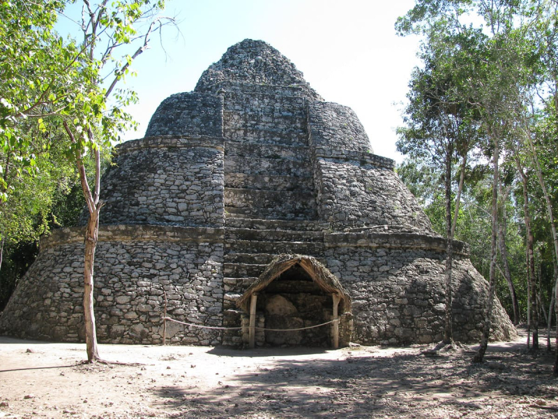 An unusually shaped pyramid at Coba, another ancient Mayan city in the Yucatan Peninsula