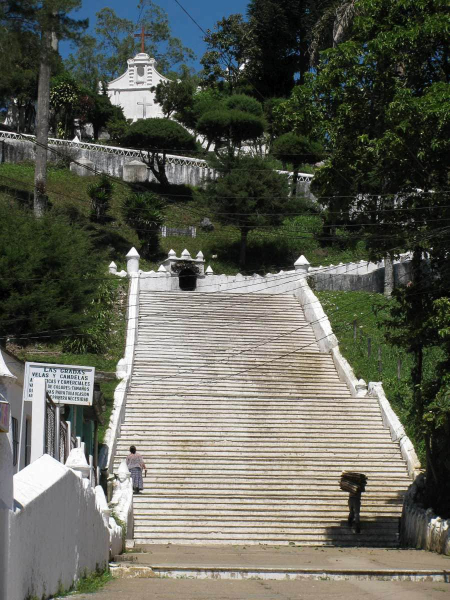 Steps leading up to the hilltop El Calvario church on the edge of central Coban