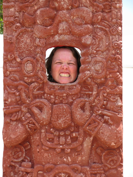 Having fun with a tourist version of a Copan statue