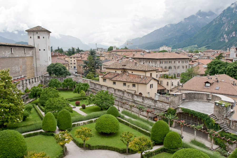 Looking over the castle gardens at Trento and the mountains