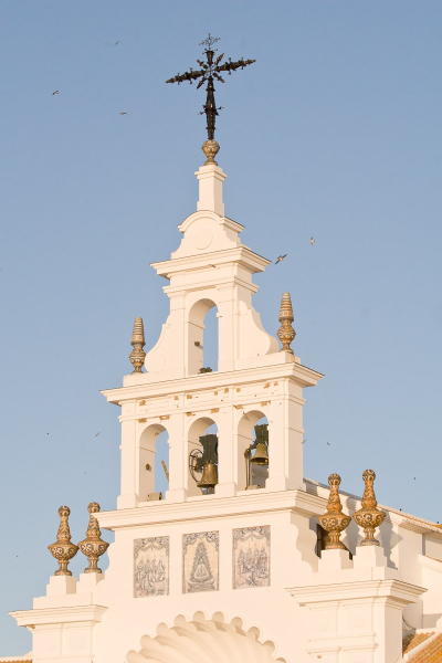 The bell tower of El Rocio's huge 1960s church (with some bells missing for renovation)