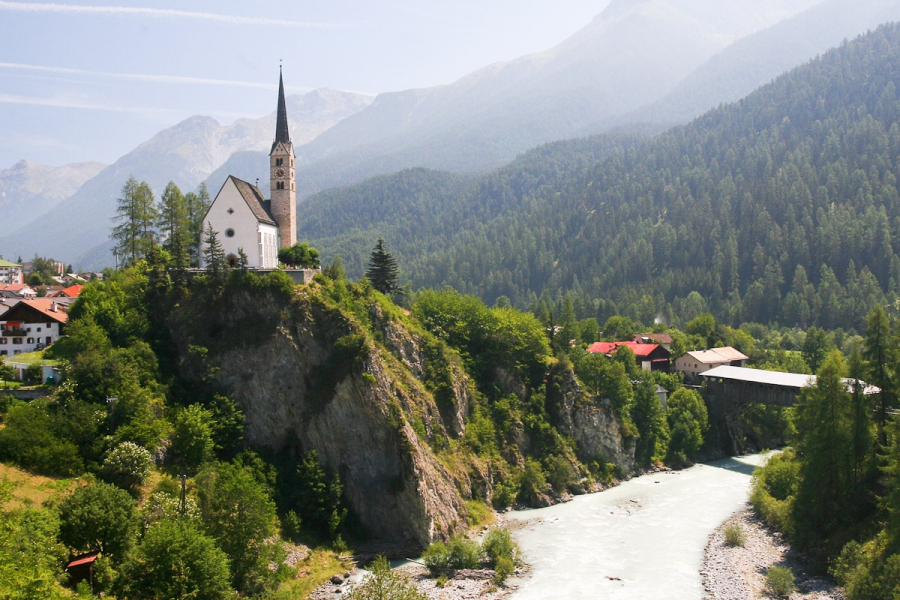The town of Scuol sits near the northern end of the 100 kilometer Engadine Valley (valley of the Inn River) in eastern Switzerland