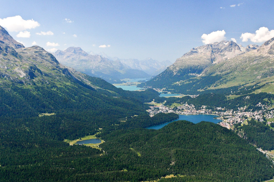 The central Engadine Valley and the town of St. Moritz as seen from Muottas Muragl