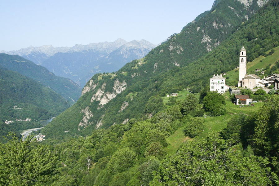 The village of Soglio perches on a hillside by the Swiss-Italian border near the southern end of the Engadine Valley