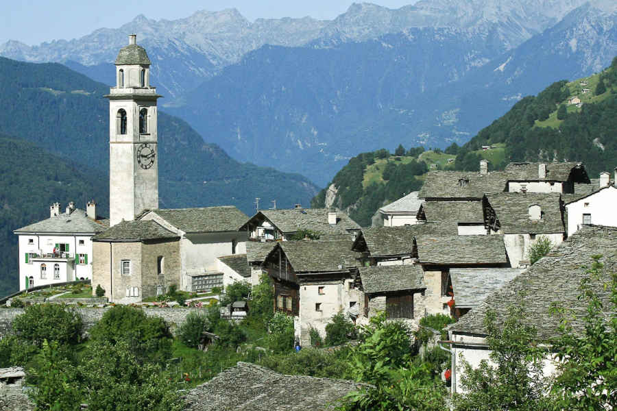 Soglio's gray stone houses look very different from the ones farther north up the valley