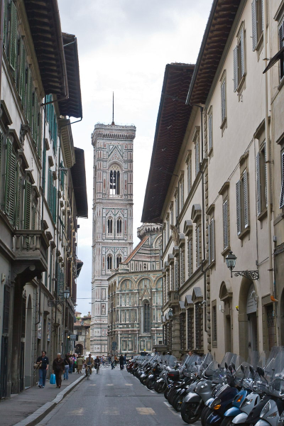 The cathedral's belltower (campanile) seen down a side street