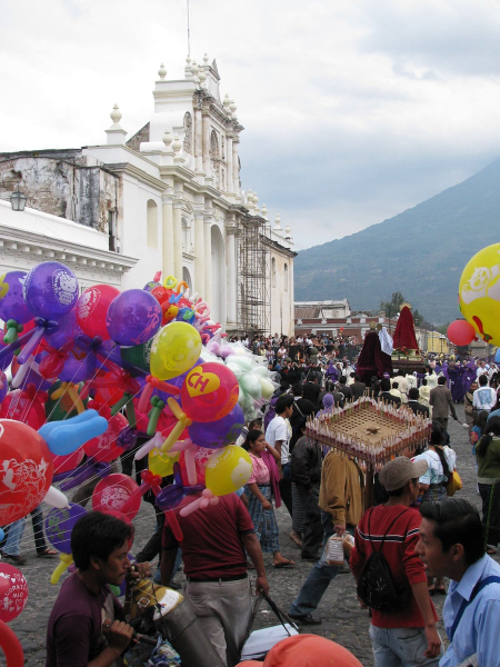 Antigua's religious processions have a more festive feel than the ones we saw in Spain, with vendors selling candy and balloons