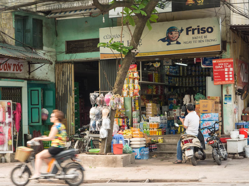 A typical shop selling a little bit of everything, from SIM cards to baby formula, and from noodles and drinks to moped helmets