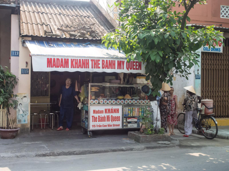The shop of the woman who calls herself the queen of banh mi (sandwiches of meat, vegetables, herbs, and sauce in baguettes). Hers were very good. 