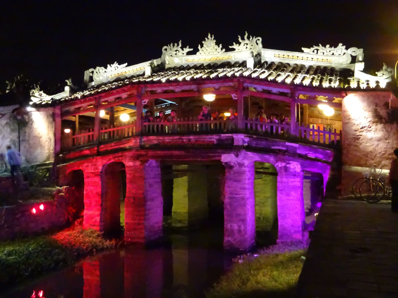 The Japanese bridge lit up at night